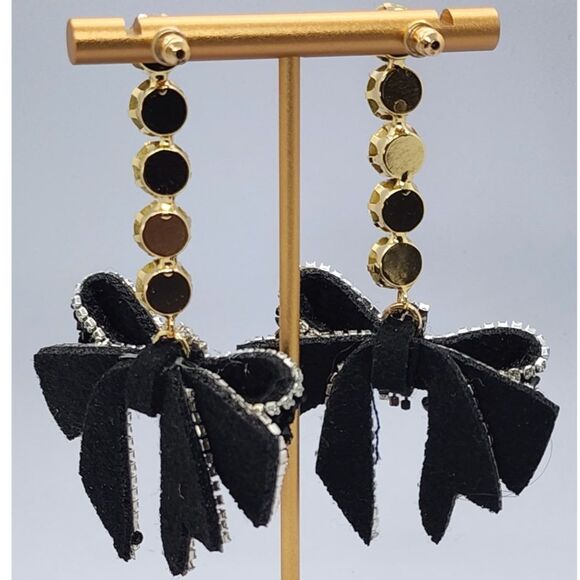 Bowknot Dangle Earrings Faux Crystal and Rhinestones Black Sparkle Party Prom - Picture 3 of 3